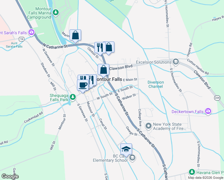 map of restaurants, bars, coffee shops, grocery stores, and more near 106 East South Street in Montour Falls