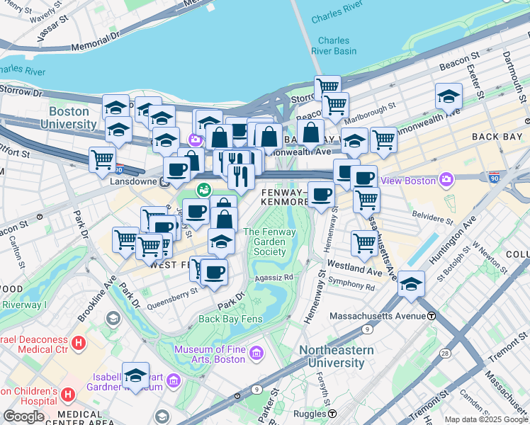 map of restaurants, bars, coffee shops, grocery stores, and more near 1179 Boylston Street in Boston