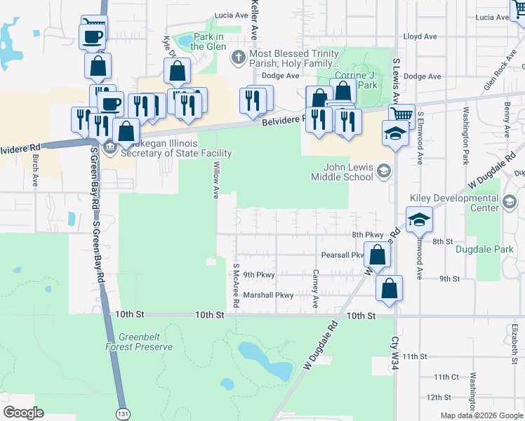 map of restaurants, bars, coffee shops, grocery stores, and more near 701 Keller Avenue in Waukegan
