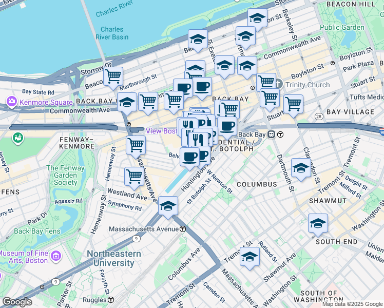 map of restaurants, bars, coffee shops, grocery stores, and more near 800 Boylston Street in Boston
