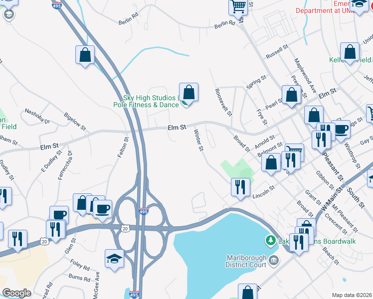 map of restaurants, bars, coffee shops, grocery stores, and more near 28 Lord Road in Marlborough