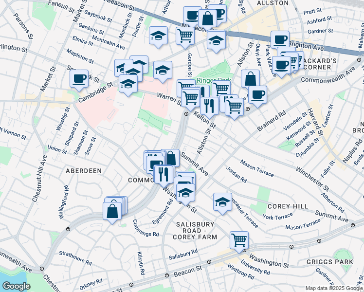 map of restaurants, bars, coffee shops, grocery stores, and more near 1500 Commonwealth Avenue in Boston