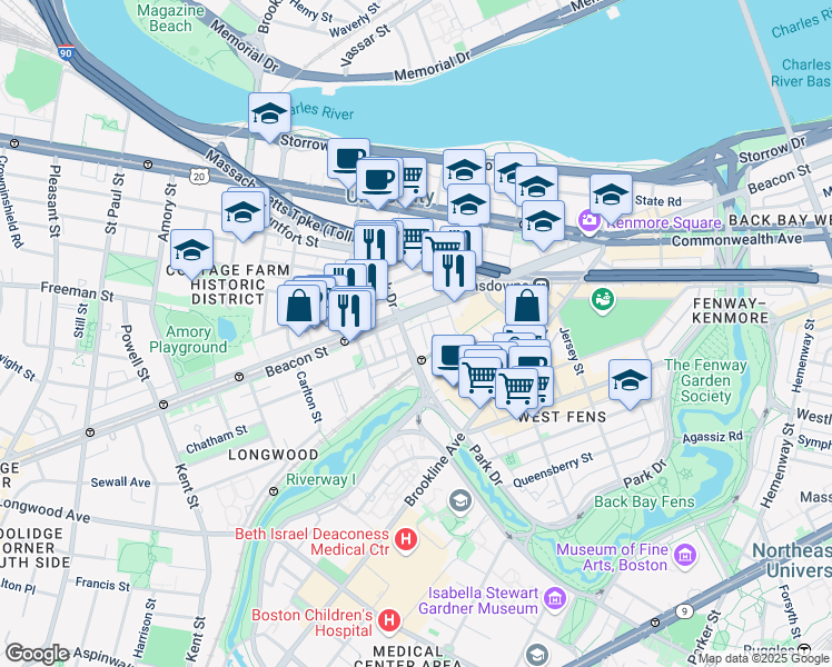 map of restaurants, bars, coffee shops, grocery stores, and more near 880 Beacon Street in Boston