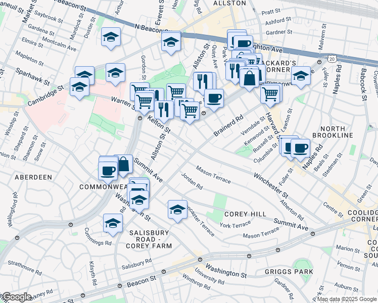 map of restaurants, bars, coffee shops, grocery stores, and more near 239 Kelton Street in Boston