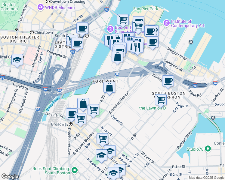 map of restaurants, bars, coffee shops, grocery stores, and more near 35 Channel Center Street in Boston