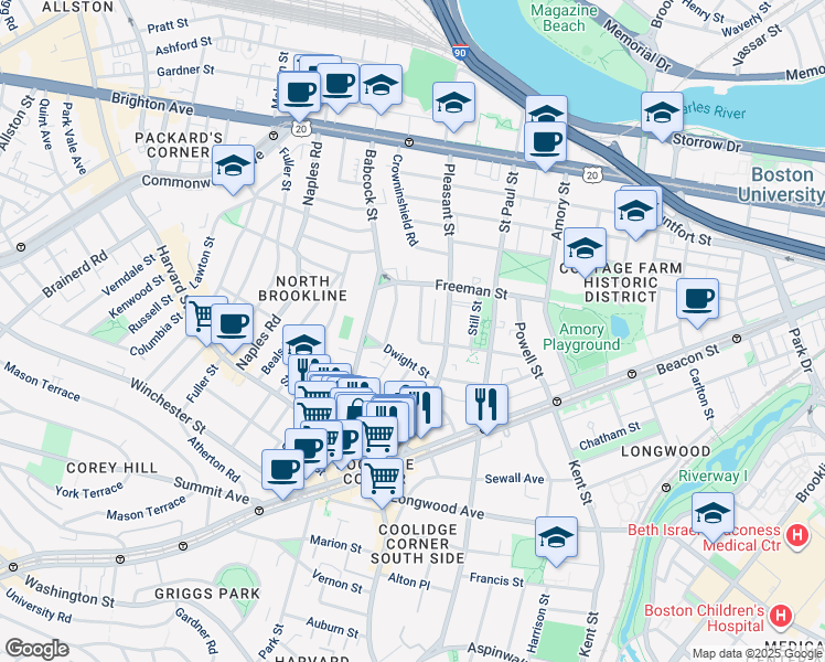 map of restaurants, bars, coffee shops, grocery stores, and more near 107 Browne Street in Brookline