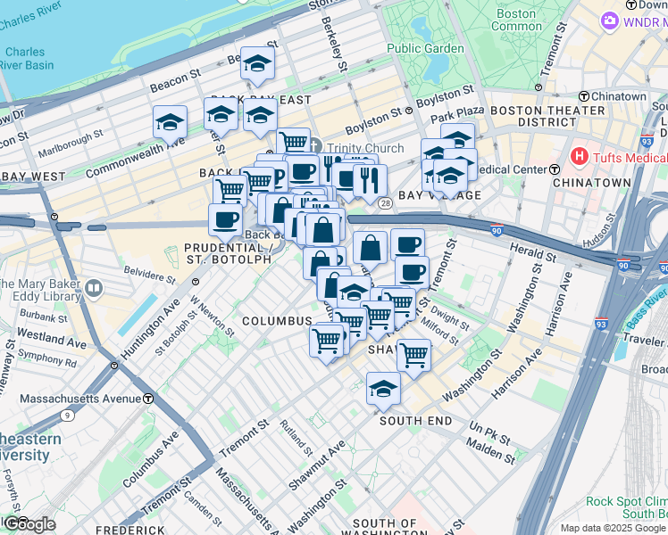 map of restaurants, bars, coffee shops, grocery stores, and more near 312 Columbus Avenue in Boston