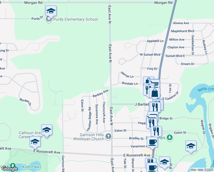 map of restaurants, bars, coffee shops, grocery stores, and more near 100 Woodgate Road in Battle Creek