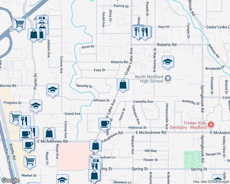 map of restaurants, bars, coffee shops, grocery stores, and more near 1747 Crater Lake Avenue in Medford