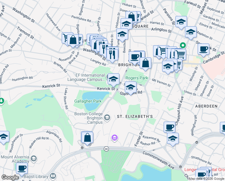 map of restaurants, bars, coffee shops, grocery stores, and more near 8 Kenrick Street in Boston