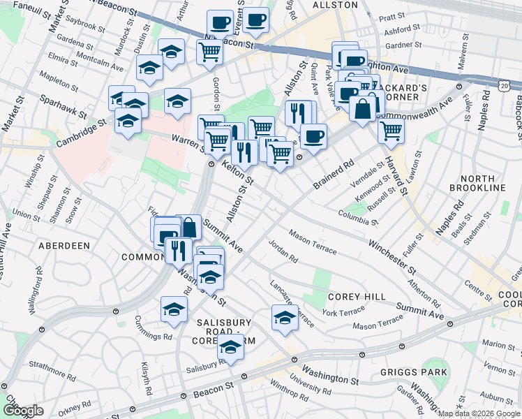 map of restaurants, bars, coffee shops, grocery stores, and more near 32 Bellvista Road in Boston