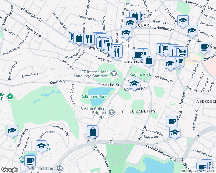 map of restaurants, bars, coffee shops, grocery stores, and more near 54 Kenrick Street in Boston