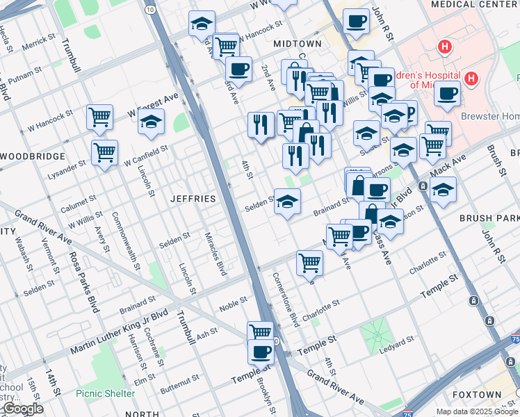 map of restaurants, bars, coffee shops, grocery stores, and more near 950 John C Lodge Service Drive in Detroit