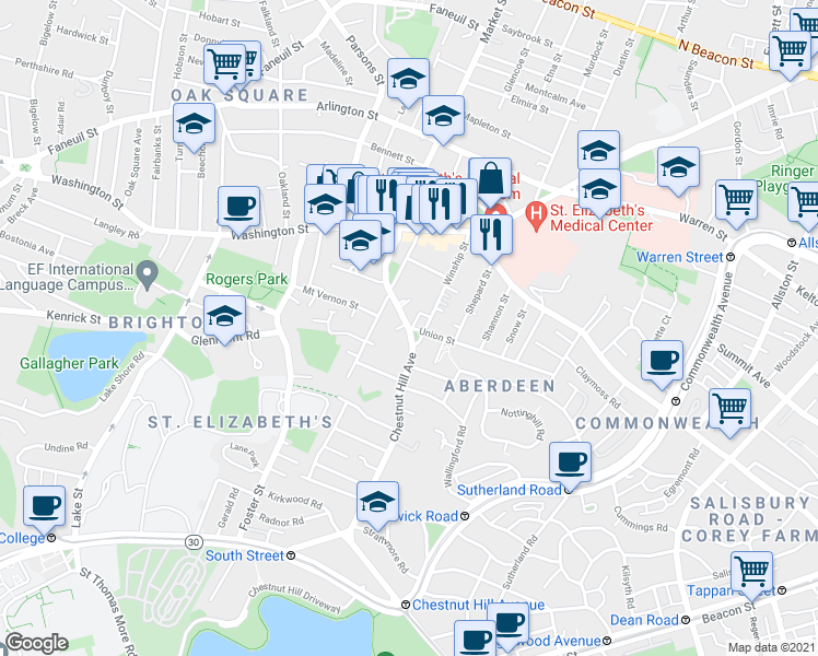 map of restaurants, bars, coffee shops, grocery stores, and more near Chestnut Hill Ave & Union St in Boston