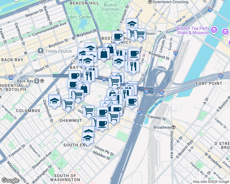 map of restaurants, bars, coffee shops, grocery stores, and more near 62 Herald Street in Boston