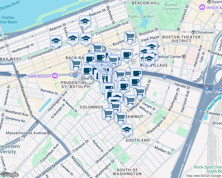 map of restaurants, bars, coffee shops, grocery stores, and more near 329 Columbus Avenue in Boston