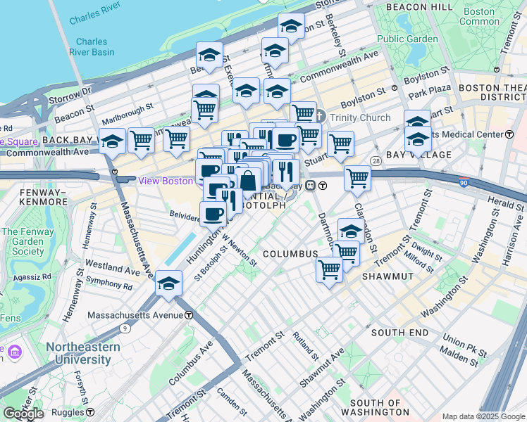 map of restaurants, bars, coffee shops, grocery stores, and more near 2 Harcourt Street in Boston
