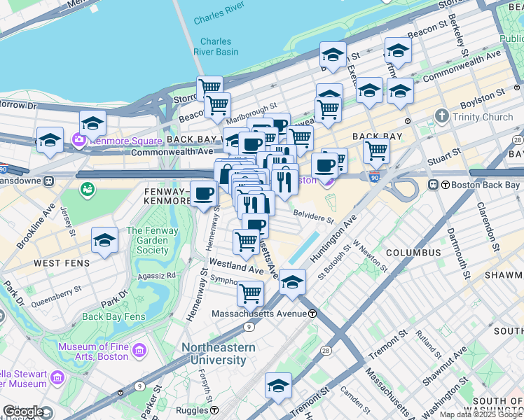 map of restaurants, bars, coffee shops, grocery stores, and more near 14 Belvidere Street in Boston