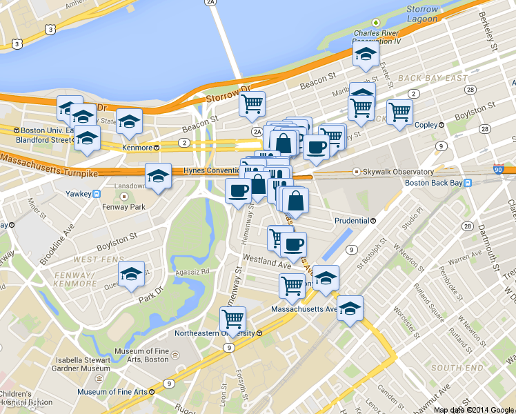 map of restaurants, bars, coffee shops, grocery stores, and more near in Boston