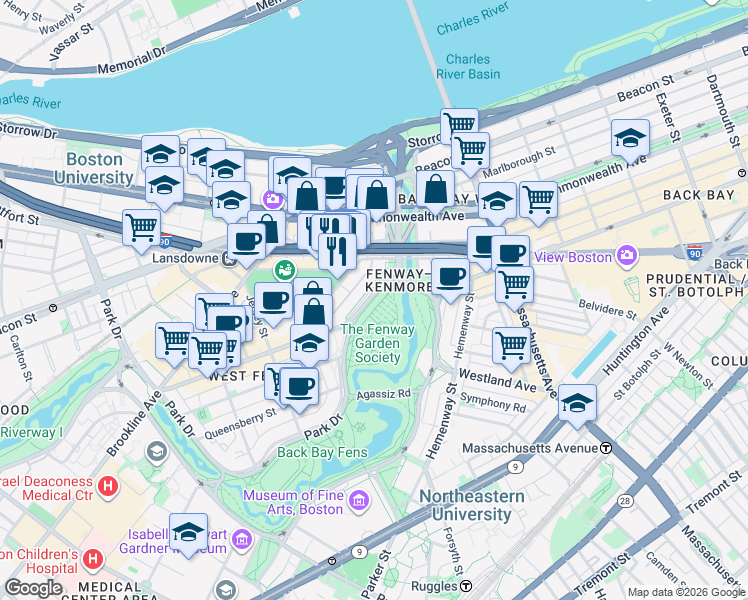 map of restaurants, bars, coffee shops, grocery stores, and more near 1179 Boylston Street in Boston