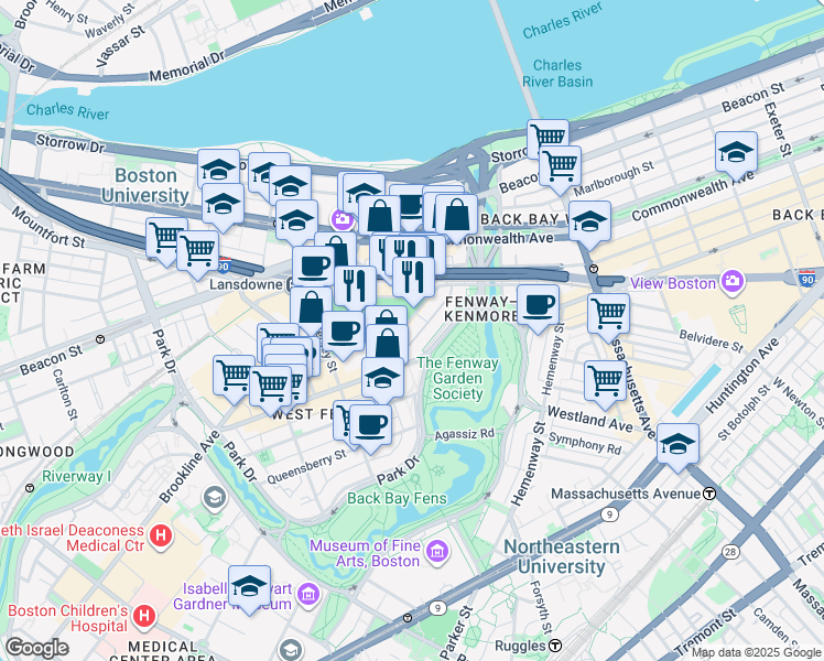 map of restaurants, bars, coffee shops, grocery stores, and more near 175 Ipswich Street in Boston