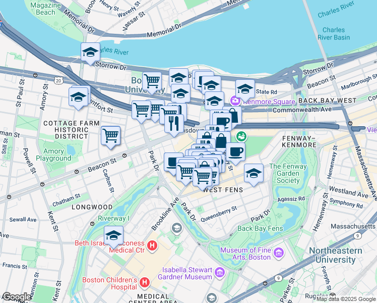 map of restaurants, bars, coffee shops, grocery stores, and more near 21 Burlington Avenue in Boston