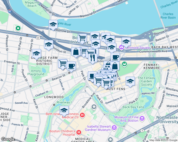 map of restaurants, bars, coffee shops, grocery stores, and more near 9 Miner Street in Boston