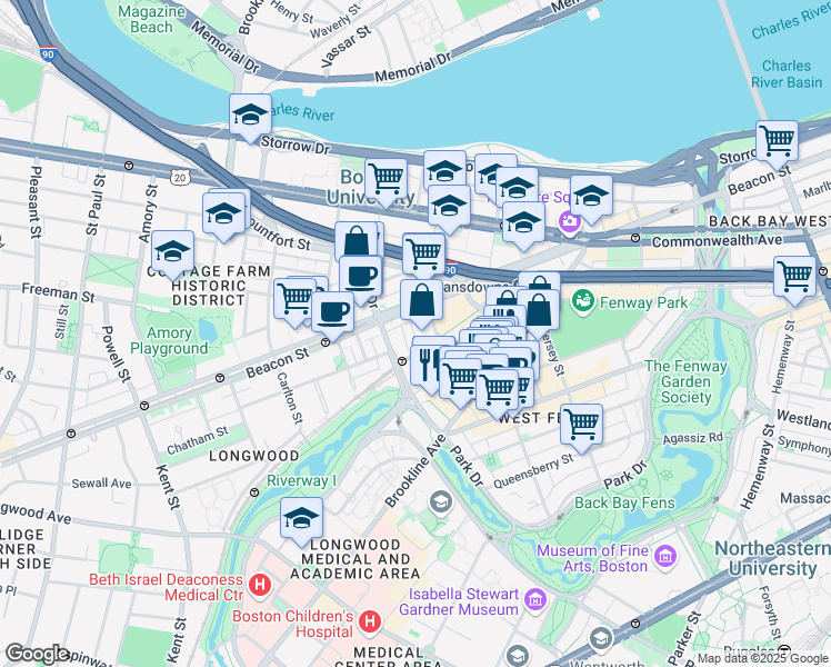 map of restaurants, bars, coffee shops, grocery stores, and more near 9 Miner Street in Boston