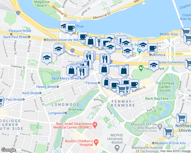 map of restaurants, bars, coffee shops, grocery stores, and more near in Boston