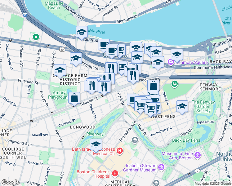 map of restaurants, bars, coffee shops, grocery stores, and more near 912 Beacon Street in Boston