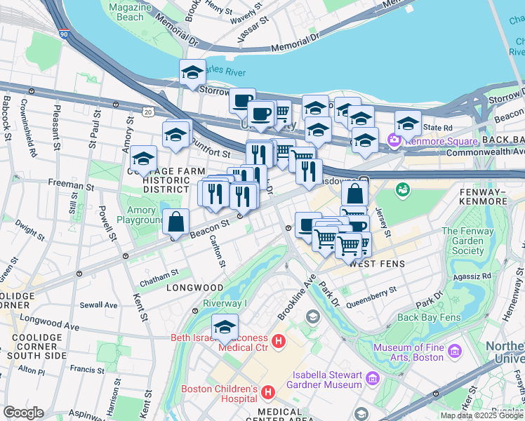 map of restaurants, bars, coffee shops, grocery stores, and more near 912 Beacon Street in Boston