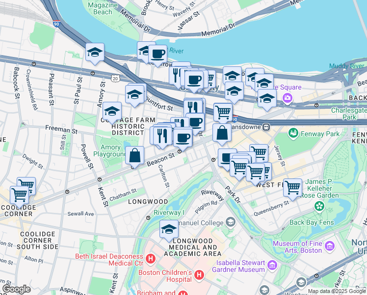 map of restaurants, bars, coffee shops, grocery stores, and more near in Brookline