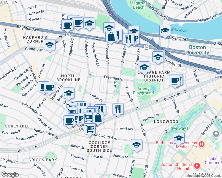 map of restaurants, bars, coffee shops, grocery stores, and more near 14 Still Street in Brookline