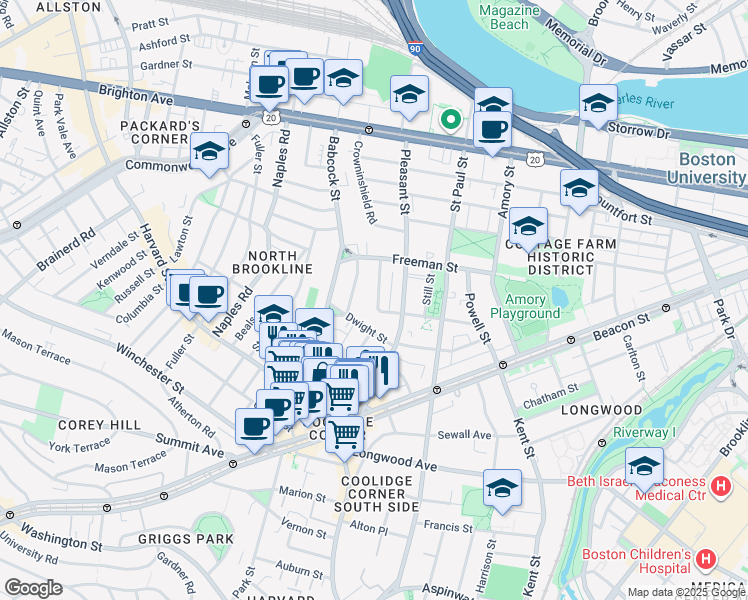 map of restaurants, bars, coffee shops, grocery stores, and more near 107 Browne Street in Brookline