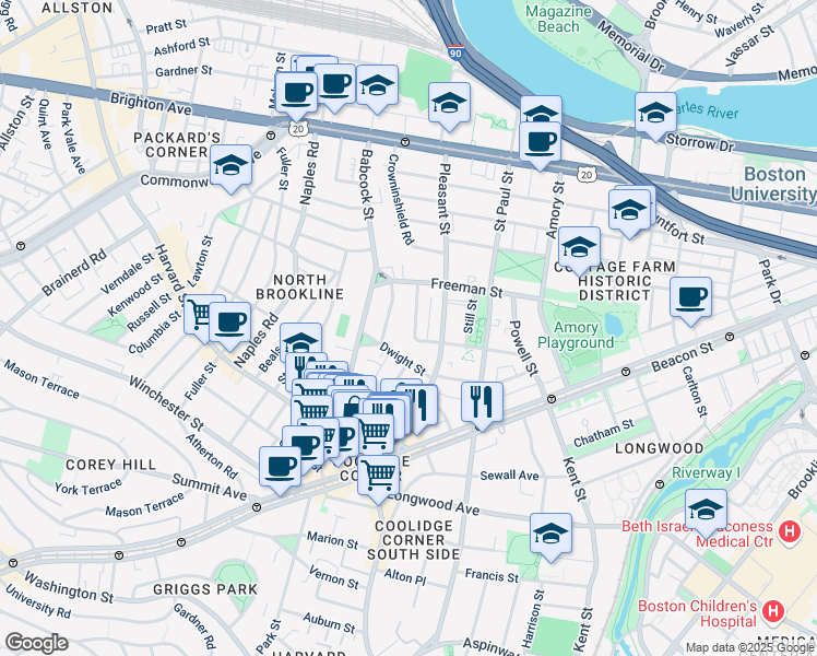 map of restaurants, bars, coffee shops, grocery stores, and more near 107 Browne Street in Brookline
