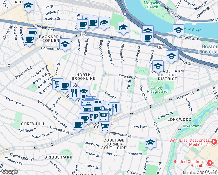 map of restaurants, bars, coffee shops, grocery stores, and more near 99 Babcock Street in Brookline