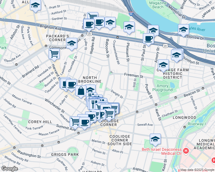 map of restaurants, bars, coffee shops, grocery stores, and more near 99 Babcock Street in Brookline