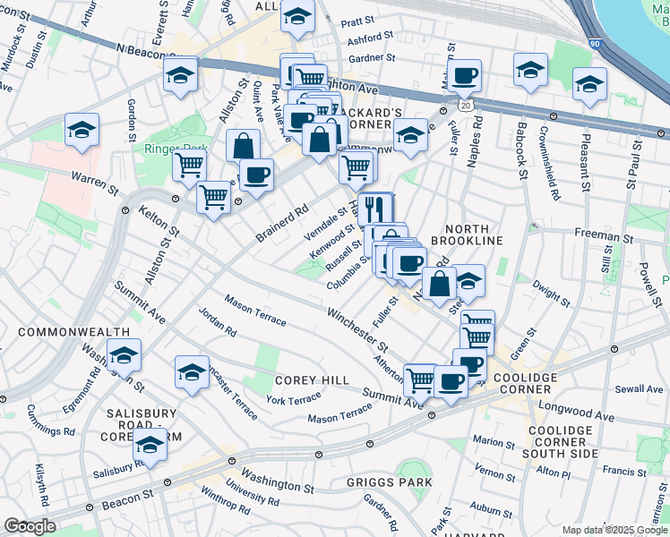 map of restaurants, bars, coffee shops, grocery stores, and more near 34 Russell Street in Brookline