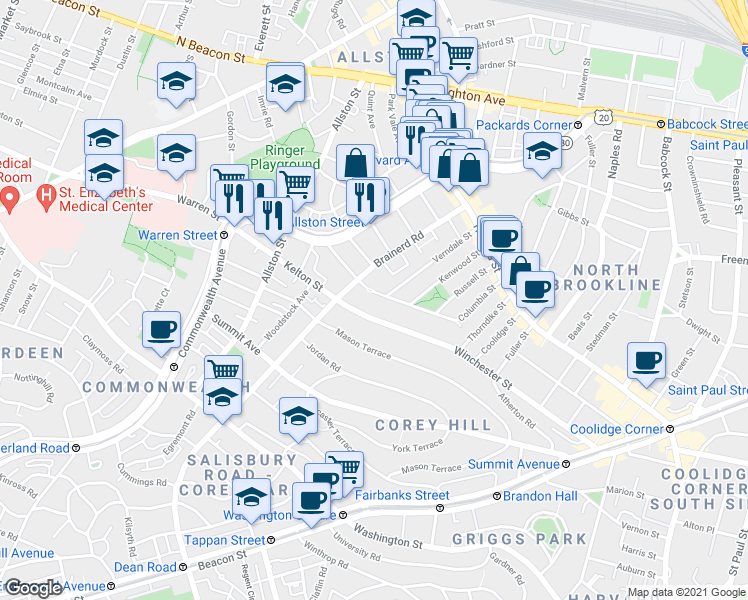 map of restaurants, bars, coffee shops, grocery stores, and more near in Boston