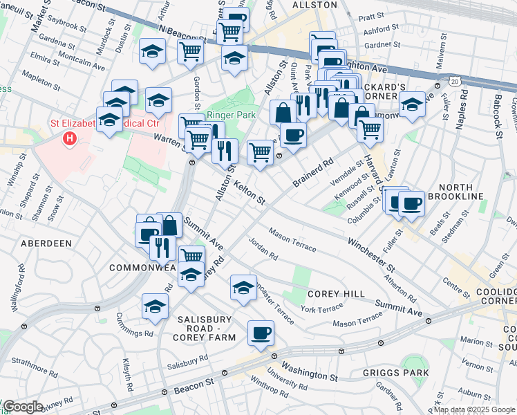 map of restaurants, bars, coffee shops, grocery stores, and more near 239 Kelton Street in Boston