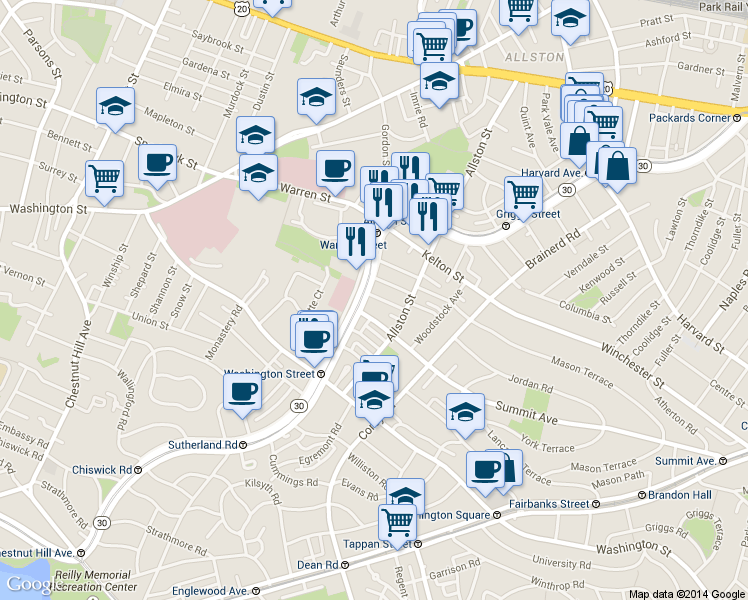map of restaurants, bars, coffee shops, grocery stores, and more near 1486 Commonwealth Avenue in Boston