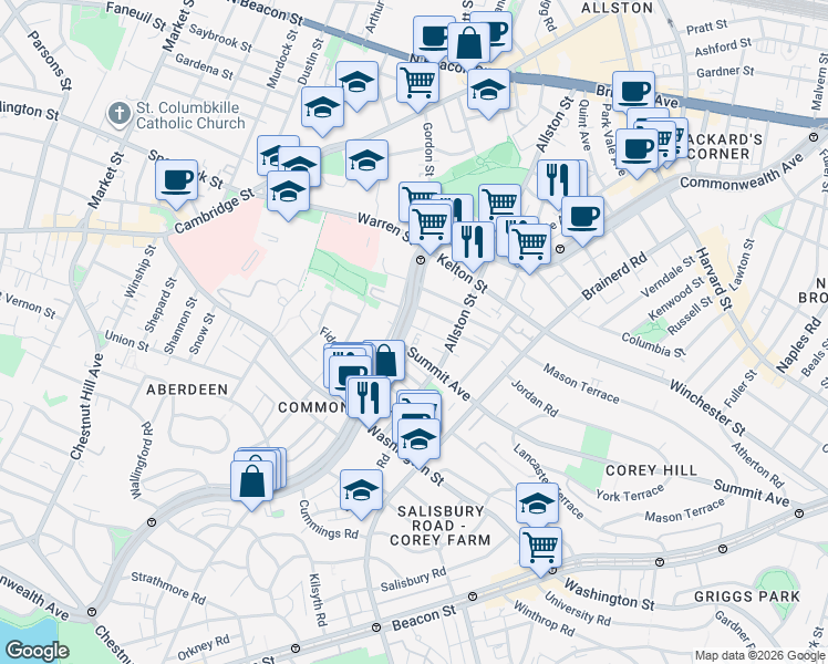 map of restaurants, bars, coffee shops, grocery stores, and more near 1486 Commonwealth Avenue in Boston