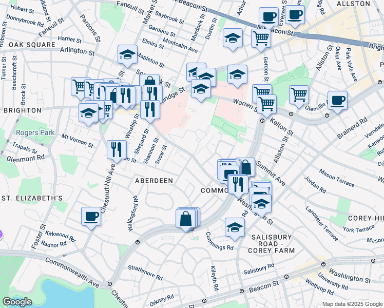 map of restaurants, bars, coffee shops, grocery stores, and more near 155 Washington Street in Boston