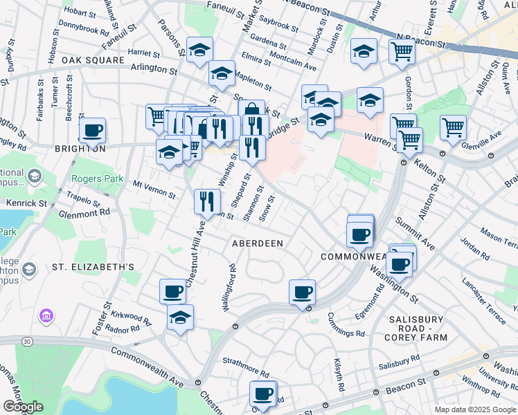 map of restaurants, bars, coffee shops, grocery stores, and more near 30 Shannon Street in Boston