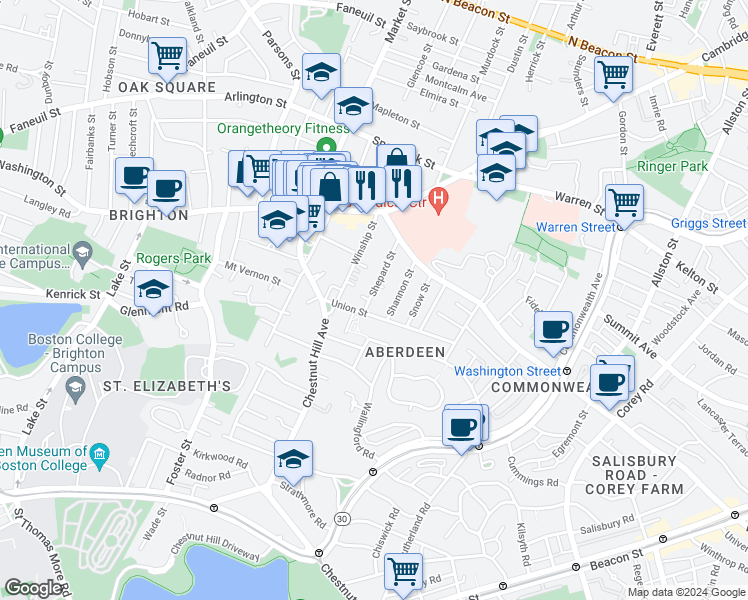 map of restaurants, bars, coffee shops, grocery stores, and more near 39 Shepard Street in Boston