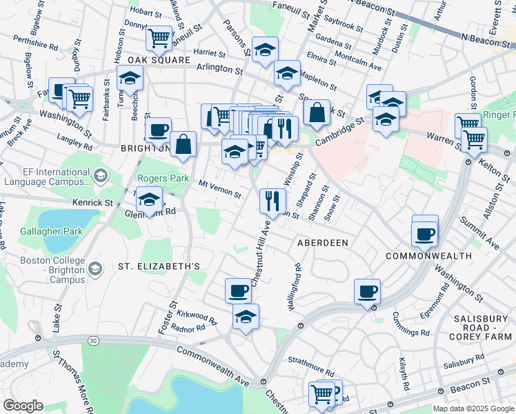 map of restaurants, bars, coffee shops, grocery stores, and more near 82 Academy Hill Road in Boston