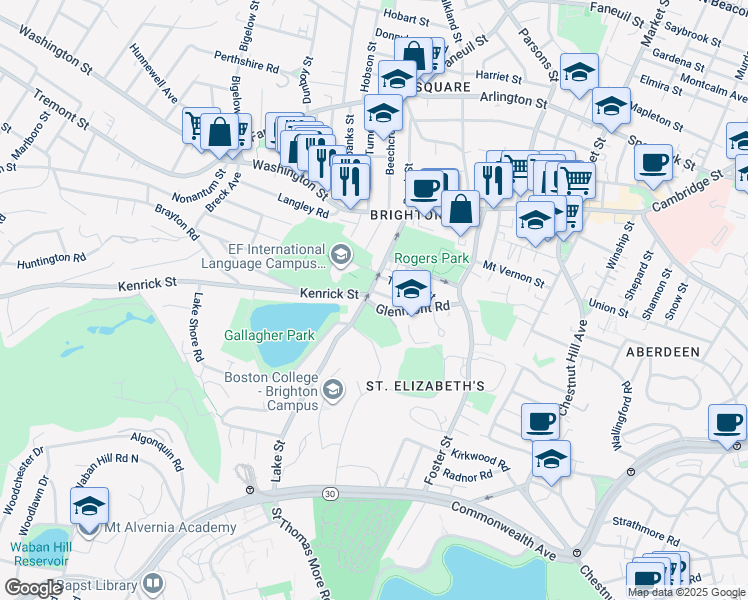map of restaurants, bars, coffee shops, grocery stores, and more near 68 Cenacle Road in Boston
