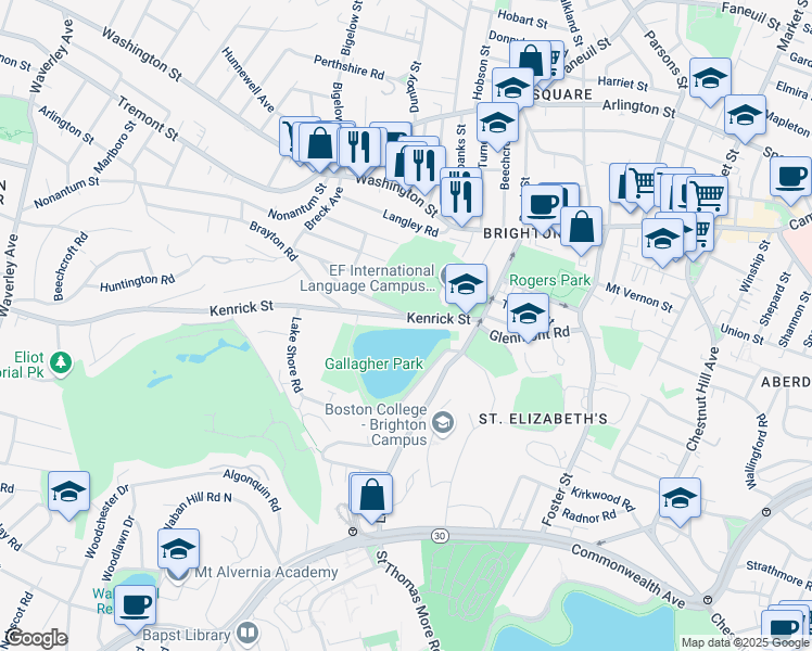 map of restaurants, bars, coffee shops, grocery stores, and more near 54 Kenrick Street in Boston
