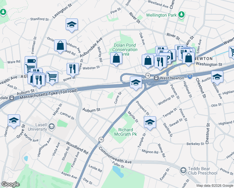 map of restaurants, bars, coffee shops, grocery stores, and more near 21 Curve Street in Newton