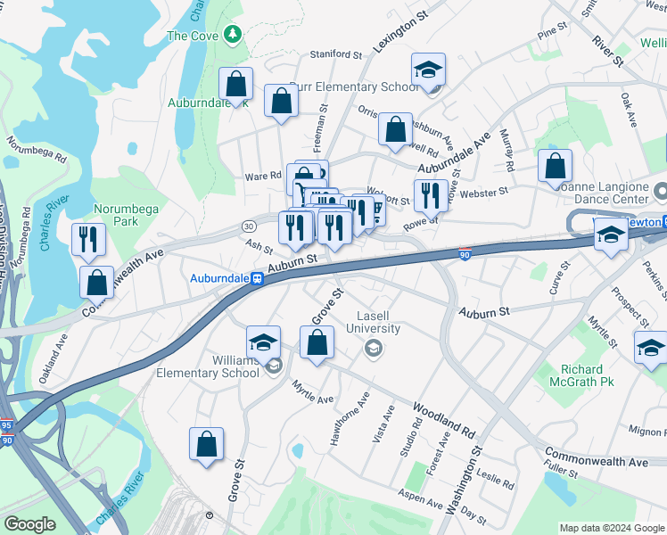 map of restaurants, bars, coffee shops, grocery stores, and more near 293 Auburn Street in Newton